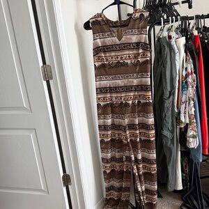 Brown Patterned Sleeveless Jumpsuit